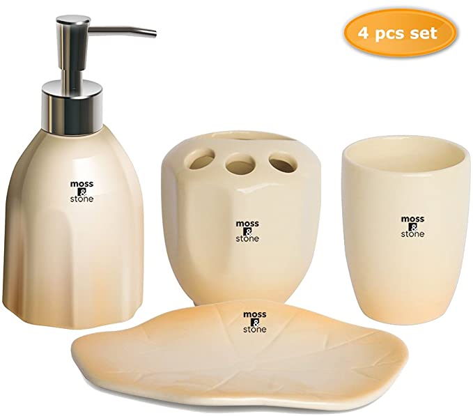 Moss & Stone Bathroom Accessories Set | 4 pcs Metal Ceramic Bathroom Set | Includes Soap Dispenser Pump, Toothbrush Holder, Tumbler and Soap Dish (Solid Ivory)