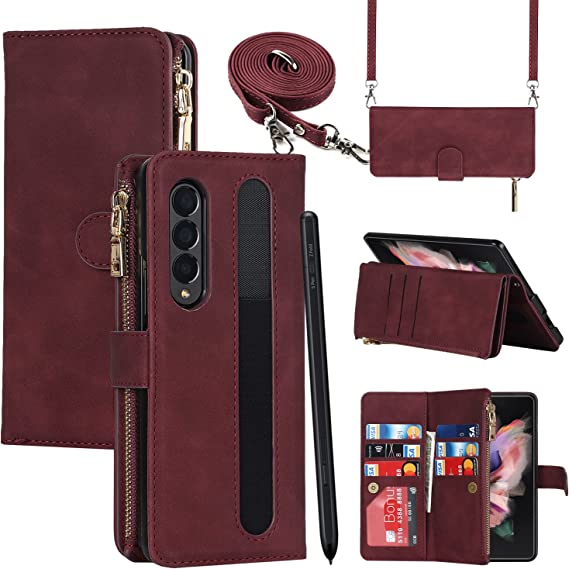 SailorTech Samsung Galaxy Z Fold 3 Case, Wallet Case with S Pen Holder 9 Card Holder 1 Zipper Coin Wallet 2 Cash Slot Lanyard Flip Leather Cover Compatible with Galaxy Z Fold3 5G Wine Red