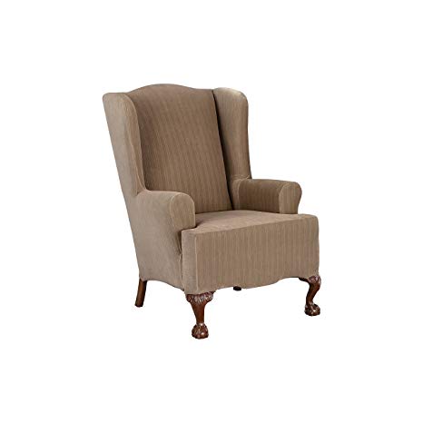 Sure Fit Stretch Pinstripe - Wing Chair Slipcover  - Taupe (SF35821)