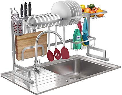 Sorbus Over-The-Sink Dish Drying Display Rack Stand, Draining Rack Sink Organizer with Utensil Holder Hooks for Kitchen Counter Storage Organizer for Dishes, Utensils, etc (Silver)