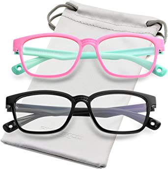Kids Blue Light Blocking Glasses Silicone Flexible Square Eyeglasses Frame with Glasses Rope, for Children Age 3-12