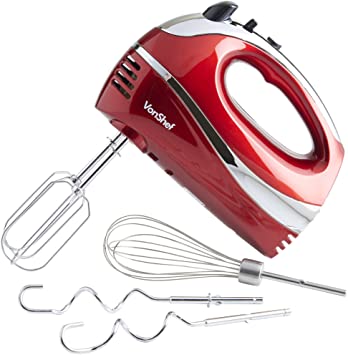 VonShef Hand Mixer Whisk With Chrome Beater, Dough Hook, 5 Speed and Turbo Button   Balloon Whisk 250w (Red)