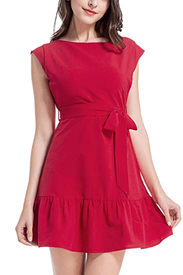 AUQCO Petite Women Fit and Flare Mini Skater Ruffle Hem Cocktail Party Dress with Cap Sleeve