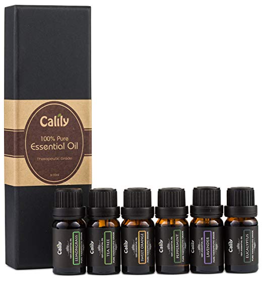 Calily Aromatherapy Essential Oil Set, 6 Bottles/10ml each (Lavender, Tea Tree, Eucalyptus, Lemongrass, Sweet Orange, Peppermint)