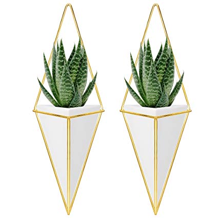 Nellam Ceramic Planter Set - 2 Pcs Modern Geometric Hanging Wall Pots - Brass Framed, Mounted Decorative Vases & Container for Indoor Plants & Succulents - for Flowers, Herbs, Vegetables