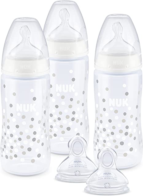 NUK First Choice  Baby Bottles Set, Temperature Control, Anti Colic Vent, BPA-Free, Silicone Teat, White (Stars), 0-6 Months, 300 ml, 3 Count, 10225194