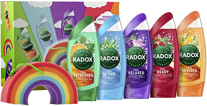RADOX Rainbow with 5 Shower Gels and bath sponge Fun Collection Gift Set For Men Women Kids 5 piece