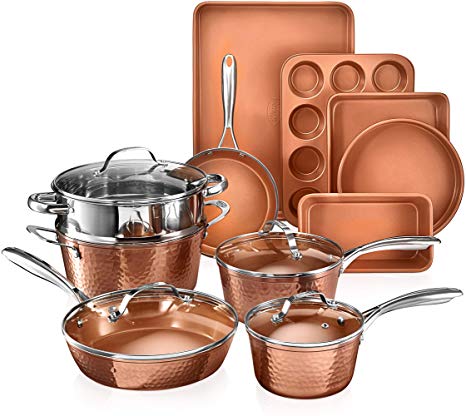 Gotham Steel Hammered Copper Collection – 15 Piece Premium Cookware & Bakeware Set with Nonstick Coating, Aluminum Composition– Includes Fry Pans, Stock Pots, Bakeware Set & More - Dishwasher Safe