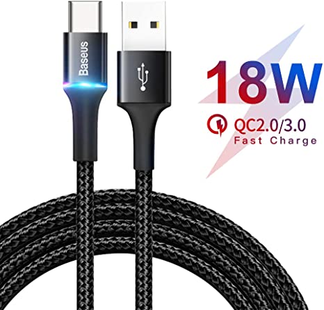 USB Type C Cable, Baseus Fast Charger 6.6FT USB-C Cable, Nylon Braided USB-A to Type-C LED Charging Cord for Samsung Galaxy S20 S10 S9 S8 Plus, Note 10 9 8, Redmi Note 8/9, Huawei, LG, NS, Black