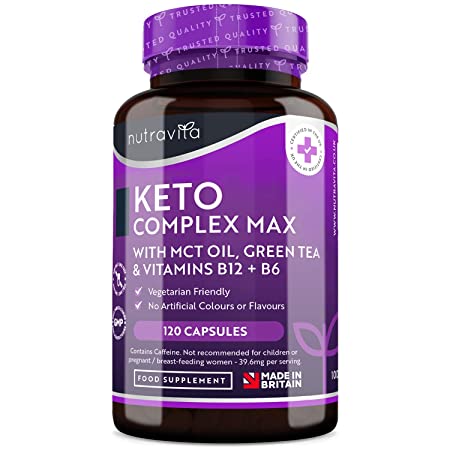 Keto Complex Max – MCT Oil, Green Tea, Vitamins & Minerals – Suitable to take with Low Carb & Keto Diets – 120 Capsules – for Normal Carbohydrates and Fatty Acids Metabolism – Made in UK by Nutravita