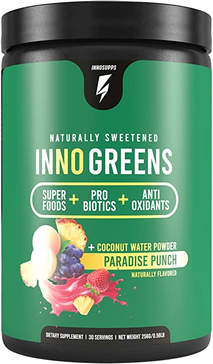 Inno Greens - 28  Greens & Superfoods, Added Probiotics & Digestive Enzymes, Ashwagandha, Advanced Hydration & Antioxidants - Delicious Natural Flavors - 30 Servings (Paradise Punch, 9.6 oz)