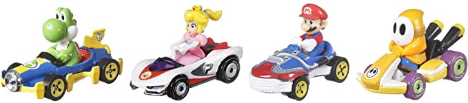 Hot Wheels Mario Kart Vehicle 4-Pack, Set of 4 Fan-Favorite Characters Includes 1 Exclusive Model, Collectible Gift for Kids & Fans Ages 3 Years Old & Up