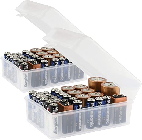 Set of 2, 37 Slot Multi Battery Storage Box, Battery Storage Case, Battery Holder, Stores: 15 AA Batteries, 12 AAA Batteries, 6 C Batteries, 2 D Batteries and 2 9V Batteries, Clear