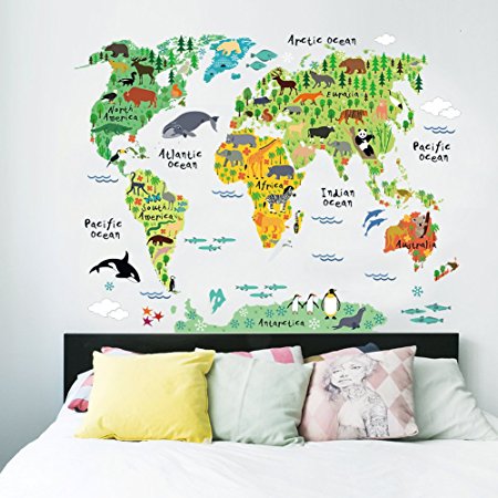 Cartoon Background Colorful English Words World Map Wall Art Decals Stickers Vinyl For Kids Rooms Parlour Television Wall Home Decal Home Decoration