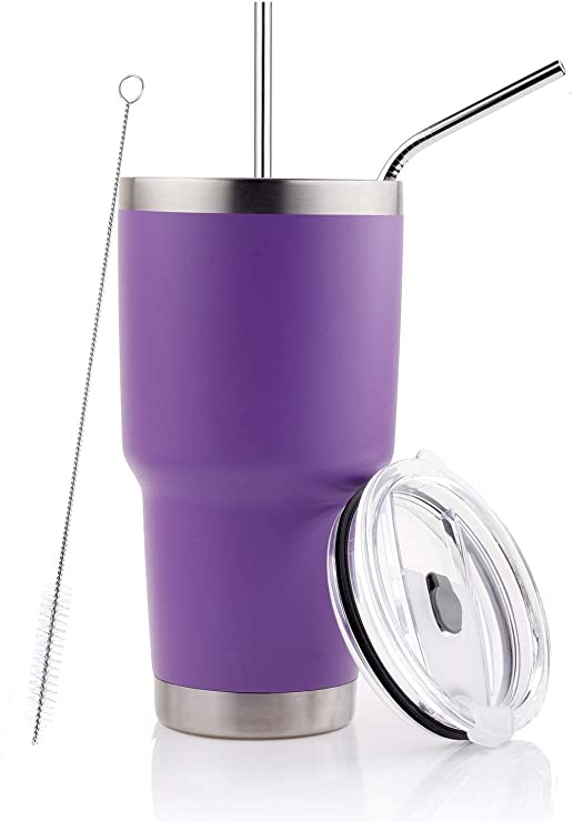 30oz Purple Tumbler Stainless Steel Double Wall Vacuum Insulated Mug with Straw and Lid, Cleaning Brush for Cold and Hot Beverages (30oz Purple)