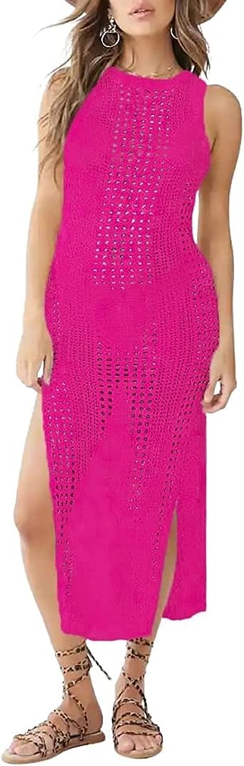 Bsubseach Crochet Cover Ups for Women Hollow Out Sleeveless Bikini Swimsuit Swimwear Side Split Long Beach Dresses