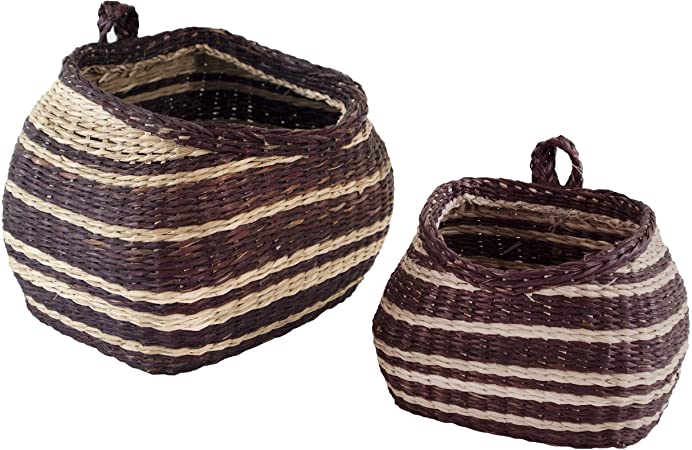 Set 2 Nesting Hand Woven Wall Hanging Baskets For Storage and Plant Pot Holder | Natural Seagrass Willow Wicker Fruit Bread Storage and Wall Decor Basket Hanging Planters Flower Pot Container for Home
