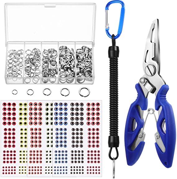 200 Pieces Split Fishing Ring Heavy Stainless Steel Split Ring Lure Tackle Connector with Fishing Pliers Lanyard and 549 Pieces 3D Fishing Lure Eyes Realistic Fishing Eye