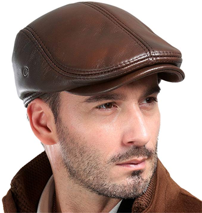 VEMOLLA Men's Real Cowhide Leather Beret Hunting Cap Beanie Trucker Cap Mens Sports Hat