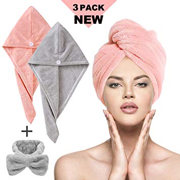 Y-HOMES Hair Towel Turban, Soft Microfiber Quick Dry Bath Hair Towel Wrap, Super Absorbent Dry Hair Caps with Button for Women Girl Wet/Long/Curly/Thick Hair (3Packs)