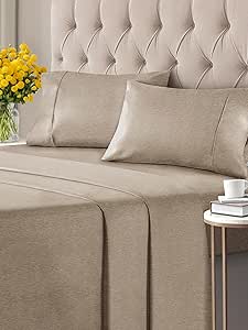 Twin 4 Piece Sheet Set - Breathable & Cooling Sheets - Hotel Luxury Sheets - 1 Flat Sheet, 1 Fitted Sheet & 2 Pillowcases - Deep Pocket - Easy Fit, Soft & Wrinkle Free - Twin Heathered Beige Sheets