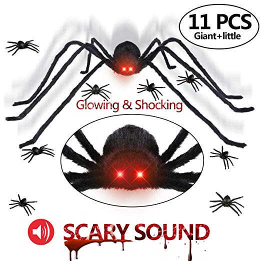 Gamegie Halloween Decorations Outdoor Giant Spider,50'' Fake Spiders That Look Real with Glowing Eyes and Scary Sound, Quake Scary Halloween Props Including 10 pcs Plastic Spider