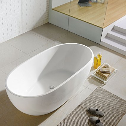 MAYKKE Barnet 61 Inches Modern Oval Light Acrylic Bathtub East to Install Freestanding White Tub in Bathroom, XDA1407001