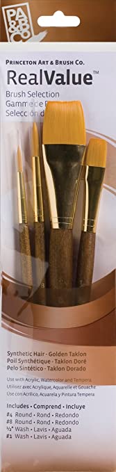 Princeton Art & Brush Real Value Synthetic Brush Set, Round Size 4 and 8, Wash Size 1/2 and 1, Gold Taklon