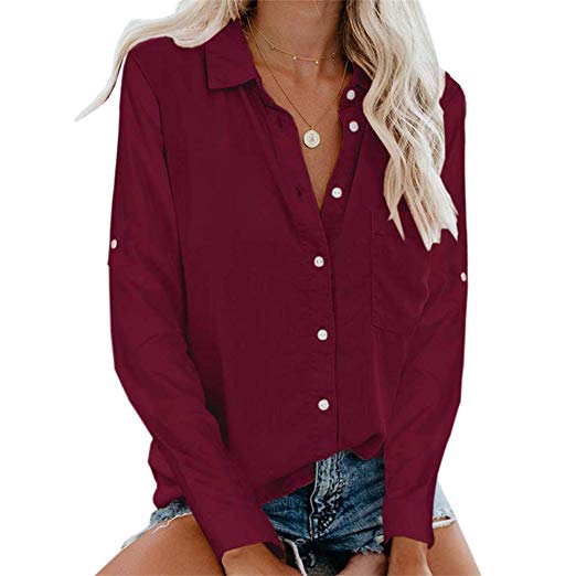 Sherosa Women's V Neck Collared Button Down Shirts Top Casual Roll Up Sleeve Blouses with Pocket