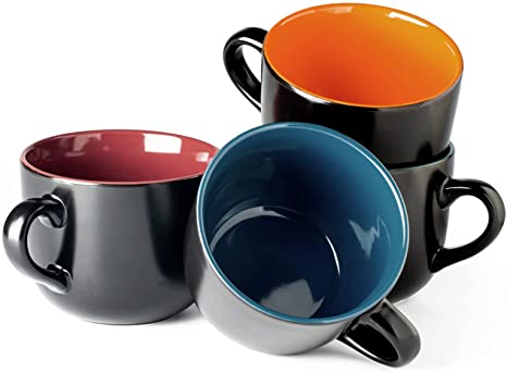 AmorArc 24 oz Large Coffee Mugs set of 4, Jumbo Soup Mugs bowls with handles for Latte Tea Soup Cereal Snacks Noodle, Microwave&Dishwasher safe (Matte Black-Mix)