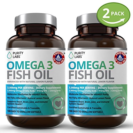 Omega 3 Fish Oil Supplements - 180 Gelcaps for Heart, Joints & Weight Management- 3,000mg Per Serving with 915MG of EPA and 630MG of DHA - 2 Bottle Bundle