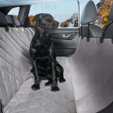 Plush Paws Pet Seat Cover Waterproof with 2 Bonus Pet Car Seat Belts and 2 Harnesses, Hammock, Side Flaps, Quilted, Non Slip Silicone Backing, Machine Washable for Cars, Trucks, SUV's & Vehicles
