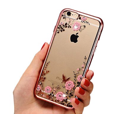 6 Plus Case, Fyee [Secret Garden Series] Slim Dual Flexible TPU Rubber Back Cover with Clear Fower Bling Glitter Stone Diamond Case for iPhone 6 Plus/ 6s Plus 5.5 inch - Rose Gold Edge