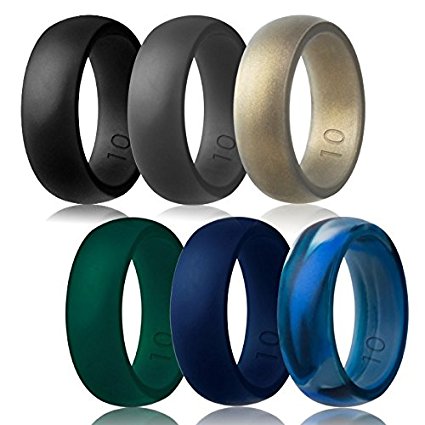 Silicone Wedding Ring,Silicone Wedding Band for Men,Camo,6 Pack, Metal Look Silver, Black, Grey, Blue