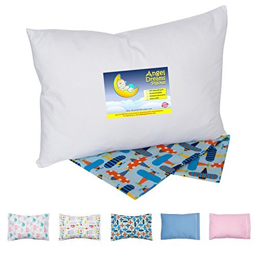 Angel Dreams Toddler Pillow, 13x18, Bundle with Organic Cotton Pillowcase (Blue & Airplanes Version)