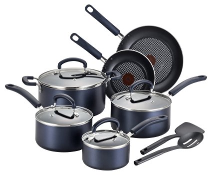 T-fal B129SC Color Luxe Hard Titanium Nonstick Thermo-Spot Dishwasher Safe PFOA Free Cookware Set, 12-Piece, Blue