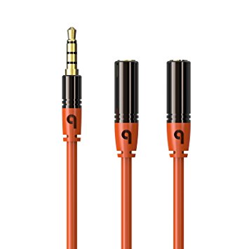 PlugLug - 3.5mm Audio Splitter Cable (Orange) 3.5mm Male to two Port 3.5mm Female - Compatible with iPhone, Samsung, LG Smartphones, Tablets, MP3 players, Bluetooth Speakers, and with Mic function