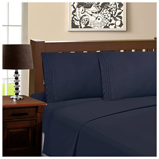 Superior Infinity Embroidered Luxury Soft, Cooling 100% Brushed Microfiber 4-Piece Sheet Set, Light Weight and Wrinkle Resistant - Queen Sheets, Navy Blue