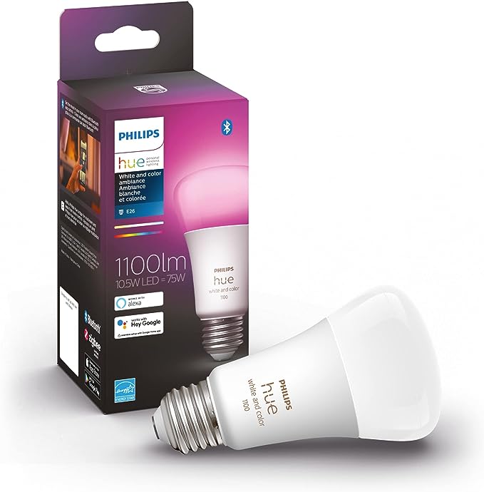 Philips Hue White and Colour Ambiance 10.5W Equivalent 75W A19 Base E26 LED Smart Bulb, Colour Changing, Bluetooth & Zigbee Compatible, Voice Activated with Alexa, Music Sync, Single, 75W (1100 Lumen)