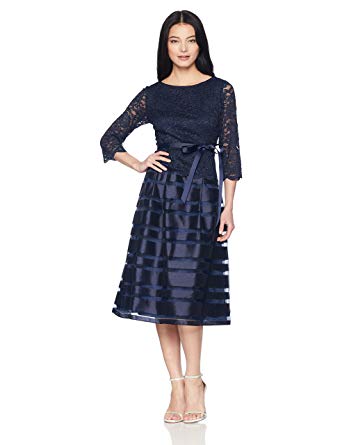 Alex Evenings Women's Tea-Length A-Line Dress with Tie Belt