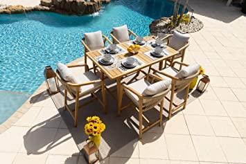 Rimini 7-Piece Teak Wood Outdoor Patio Furniture Bar Height Dining Set w/Bar Height Table and 6 Bar Height Chairs