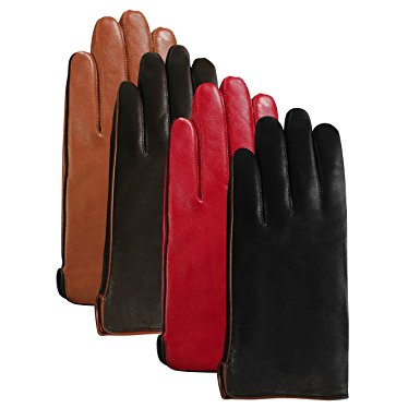 Luxury Lane Women's Contrast Piping Cashmere Lined Lambskin Leather Gloves