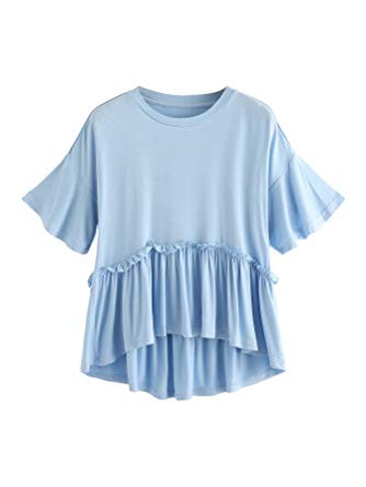 Romwe Women's Loose Ruffle Hem Short Sleeve High Low Peplum Blouse Top