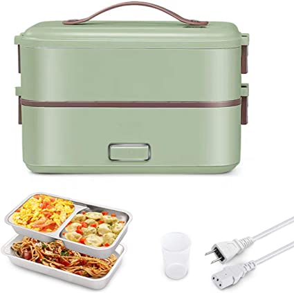 Electric Lunch Box, Heated Bento Box for Adult, 2 Layers Self Heating Lunch Box, Food Warmer for Home Office School Travel, As an Egg Steamer and Mini Rice Cooker, 304 Stainless Steel Containers(110V)