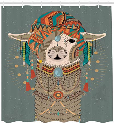 Ambesonne Llama Shower Curtain, Colorful Headwear Wearing Llama with Accessories Earrings Necklace Abstract Animal, Cloth Fabric Bathroom Decor Set with Hooks, 75 Inches Long, Multicolor