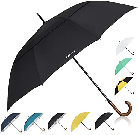 ZEKAR Wooden J-Handle Umbrella, 54/62 / 68 inch, Classic and UV-Protection Versions, Large Windproof Stick Umbrella, Auto Open Men Women Golf Umbrella