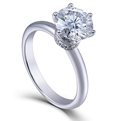 DovEggs Platinum Plated Silver Center 2ct 8mm H Color Moissanite Engagement Ring Solitare with Accents 2.2mm Band Width