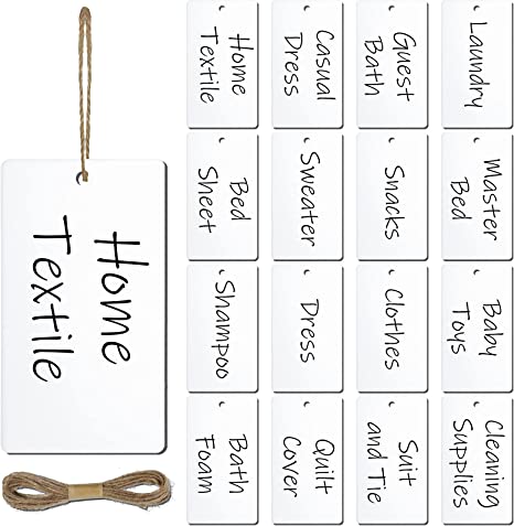 16 Pieces Acrylic Basket Tags Acrylic Organizer Hanging Labels for Storage Bins Writable Tags Display Label Marking Strung Tags Kitchen Pantry Labels Sign with Jute Twine for Baskets (White)