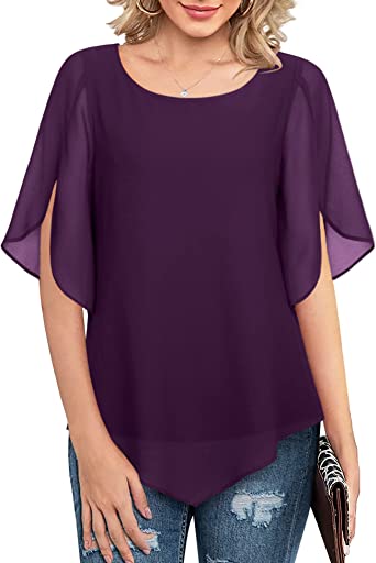 Lotusmile Women's Loose Half Split Sleeve Double-Layered Tops Chiffon Scoop Neck Dressy Blouse Flowy Shirts