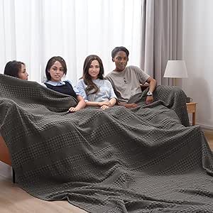 PHF 100% Cotton Waffle Weave Blanket Oversized King 120"x120"- Giant Big Lightweight Blanket 10'x10' for Bed Sofa - Aesthetic Extra Large Washed Cotton Soft Blanket - Charcoal Grey